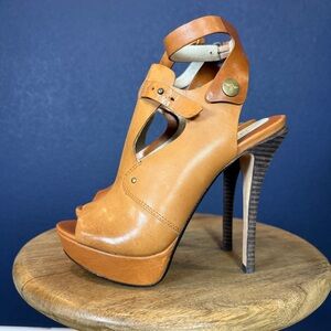 Creative Recreation Tan Peep-Toe Stiletto Heels w/ Ankle Strap & Slingback | 7